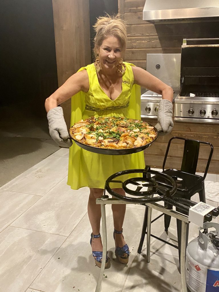 Paella, master paella recipe, chicken thighs, bomba rice, saffron, Spanish saffron, sweet peppers, peas, capers, artichoke hearts, olives, Spanish olives, chorizo sausage, Emily Heston, Splendid Market, paellera, quemadores, 