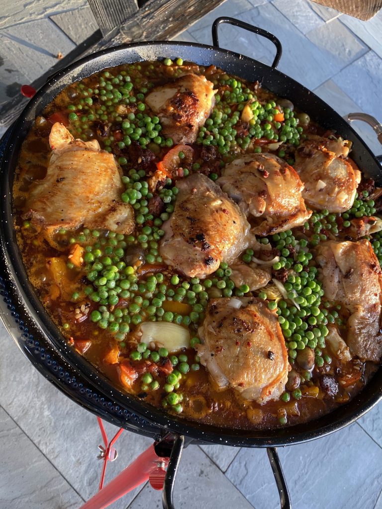 Paella, master paella recipe, saffron, Spanish saffron, chicken thighs, bomba rice, sweet peppers, peas, capers, artichoke hearts, olives, Spanish olives, chorizo sausage