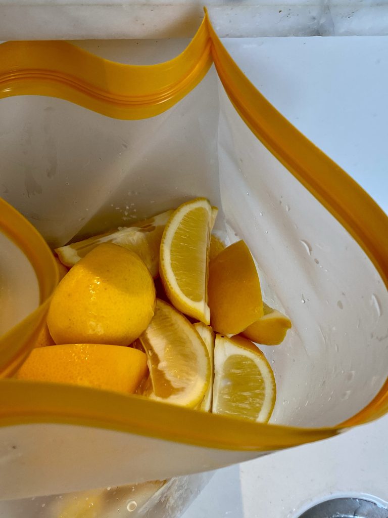 preserved lemon recipe, lemons, organic lemons, lemon quarters, qinline reusable bags, coarse salt