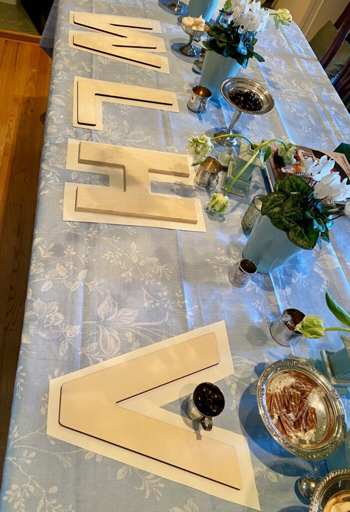 Monogram, custom charcuterie, monogram charcuterie, sip and see party, splendid table settings, wooden letters