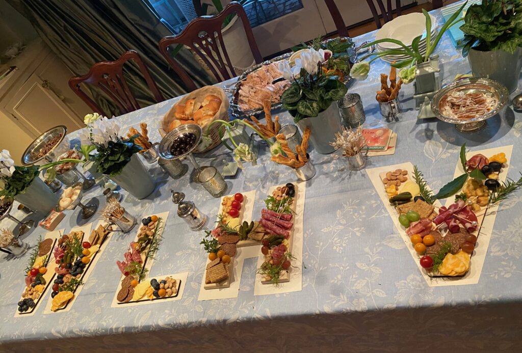 Monogram, custom charcuterie, monogram charcuterie, sip and see party, splendid table settings, wooden letters, heart shaped cheese