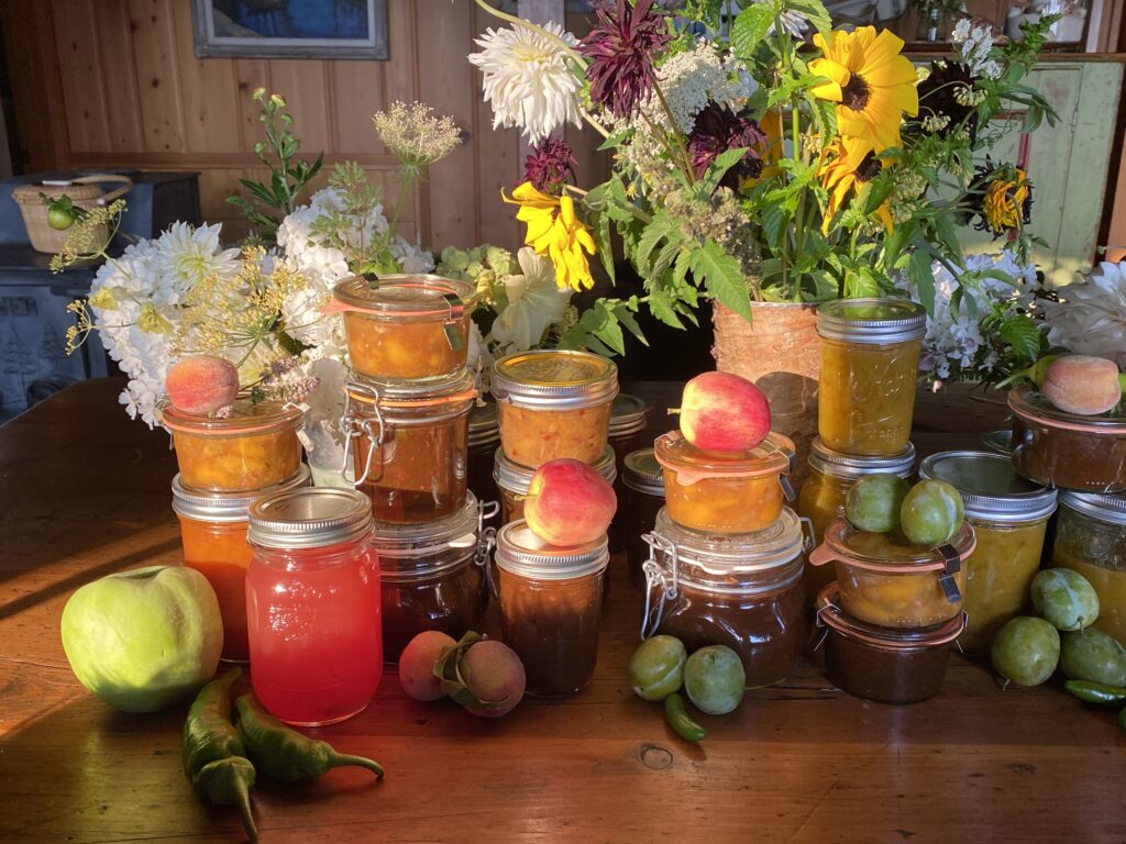 preserved foods, spicy peach sauce, shallot, chopped shallots, splendid recipes, canning, preserving foods, peaches, spicy peach sauce, vinegar, balsamic vinegar, apple cider vinegar, chopped peaches, Weck canning jars, European canning jars, rustic cabin, painted wood