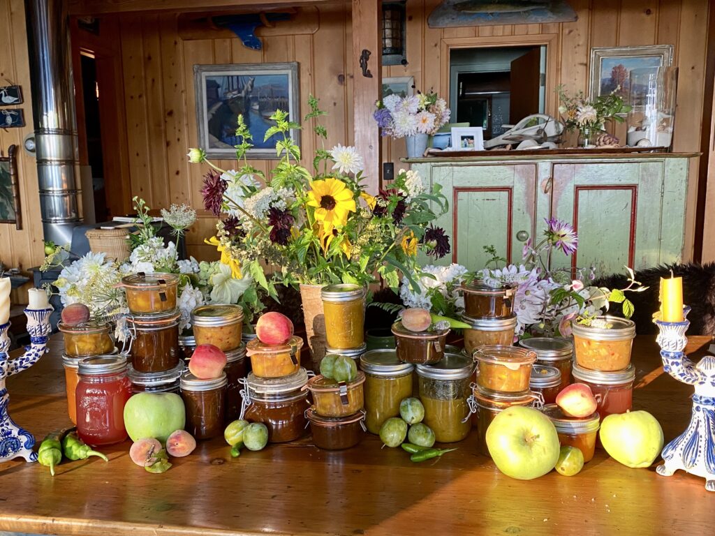 preserved foods, spicy peach sauce, tomato jam, green gage plum jam, peach shrub, rustic cabin, painted rustic furniture, splendid recipes, canning, preserving foods