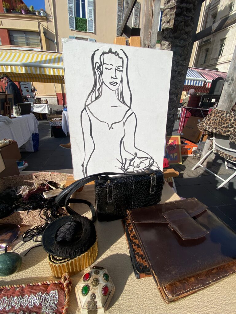 Brocante, French Brocante, Cours Salera, Nice France, Nice Brocante, vintage handbags, black and white painting of a woman