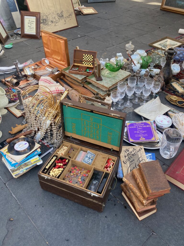 Brocante, French Brocante, Cours Salera, Nice France, Nice Brocante, game chest, French game chest, French books, crystal glasses
