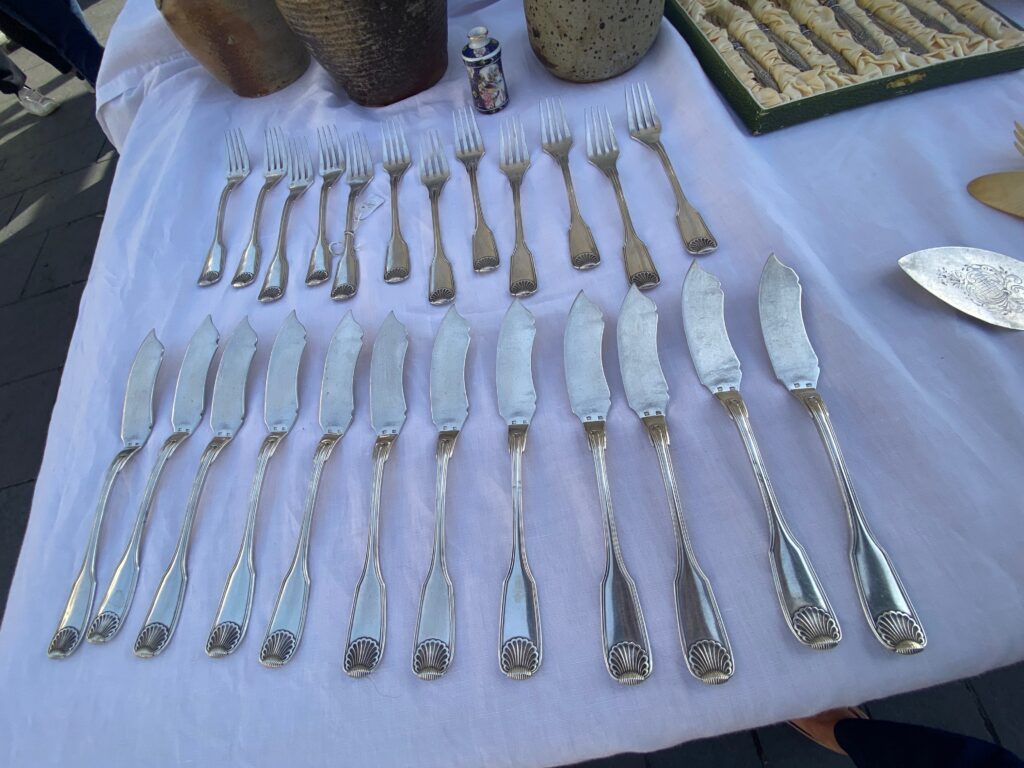 Brocante, French Brocante, Cours Salera, Nice France, Nice Brocante, silver fish knives, silver fish forks