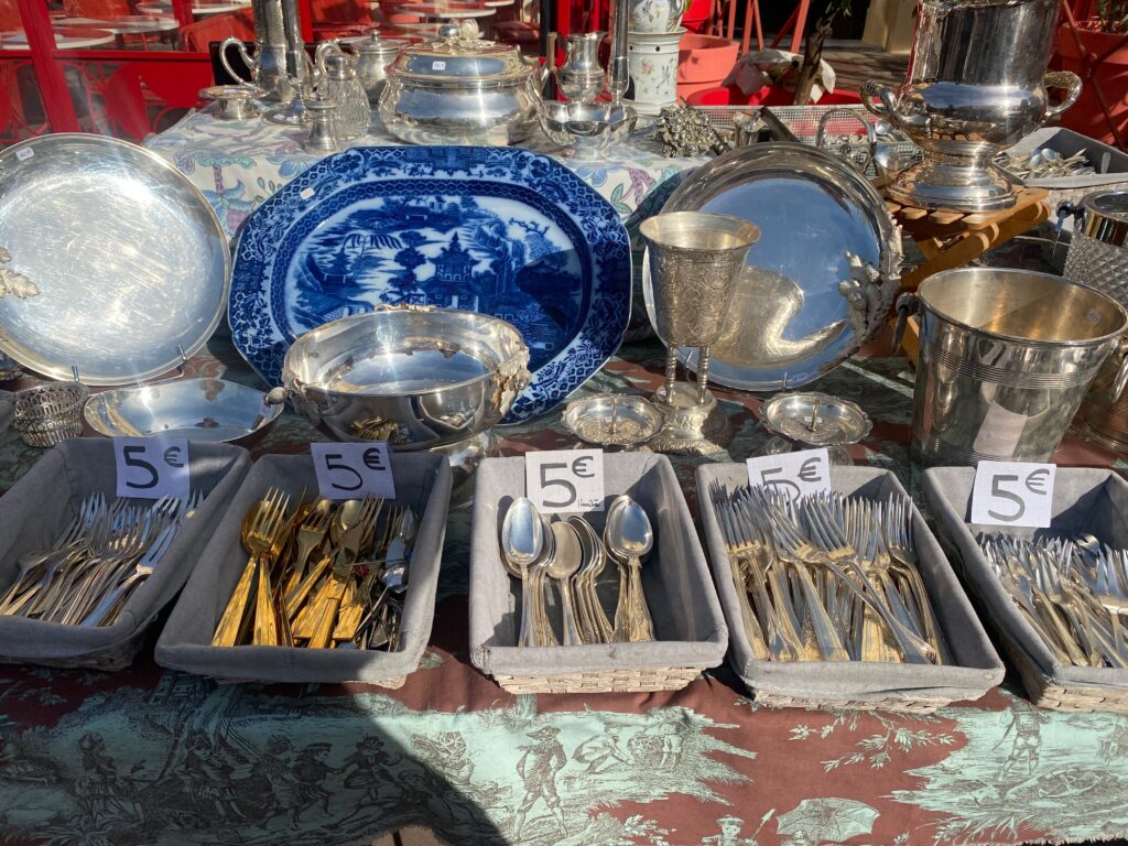 Brocante, French Brocante, Cours Salera, Nice France, silver blend cutlery, French tableware, blue and white platter, silver platters