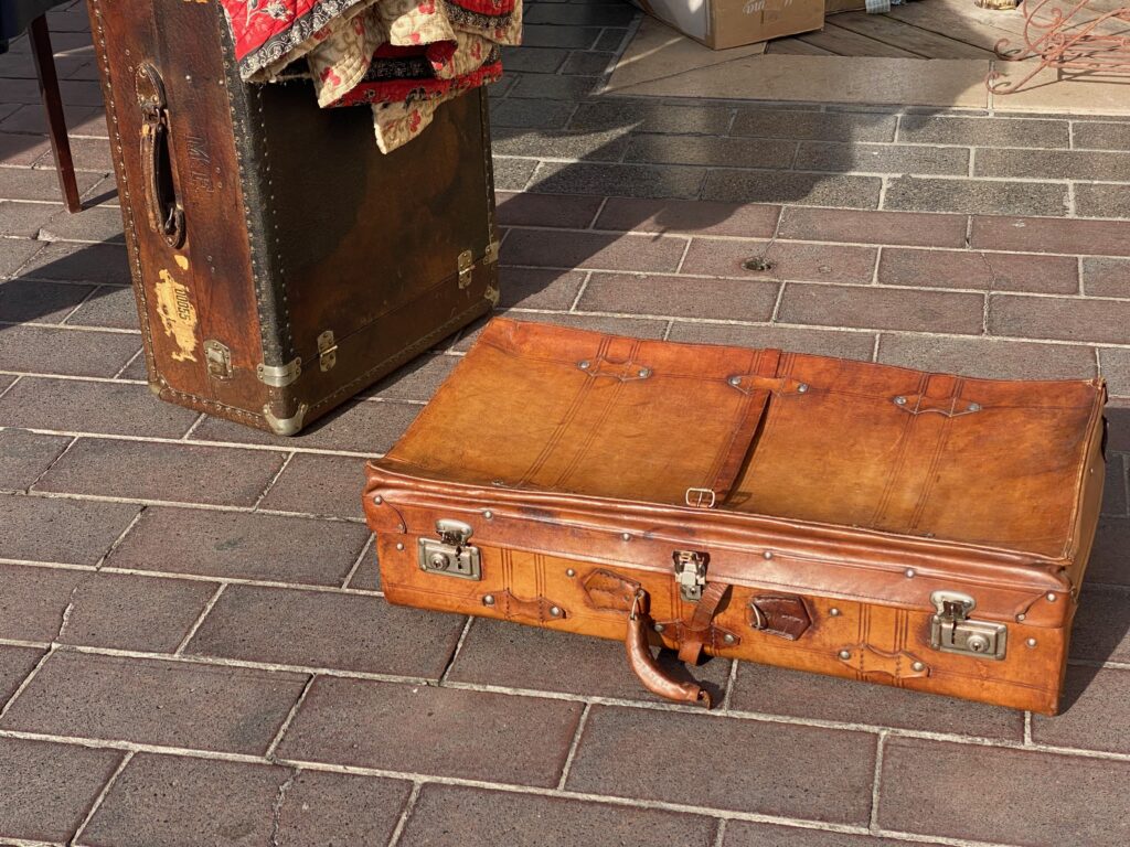 Brocante, French Brocante, Cours Salera, Nice France, Monaco porcelaine containers, leather suitcases, antique leather suitcases