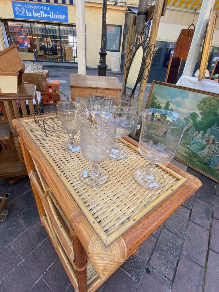 Brocante, French Brocante, Cours Salera, Nice France, Nice Brocante, cut glass vases, footed vases, rattan bar cart