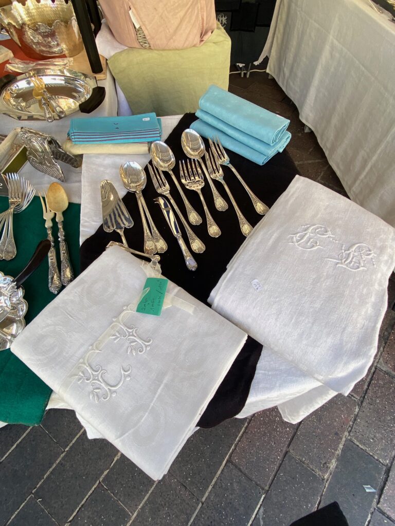 Brocante, French Brocante, Cours Salera, Nice France, Nice Brocante, monogramed linens, silver cutlery 
