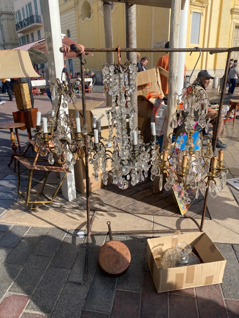 Brocante, French Brocante, Cours Salera, Nice France, Nice Brocante, chandeliers, crystal chandeliers