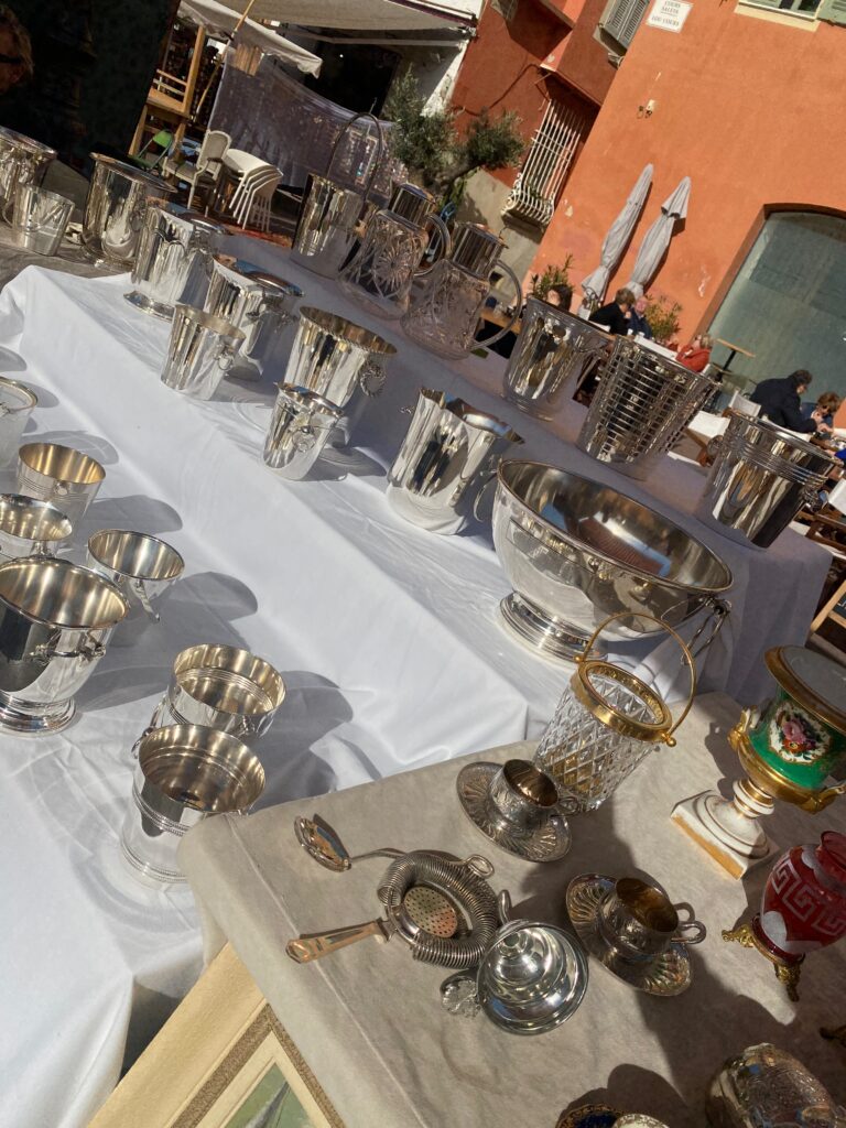 Brocante, French Brocante, Cours Saleya, Nice France, Nice Brocante, silver wine buckets, polished silver