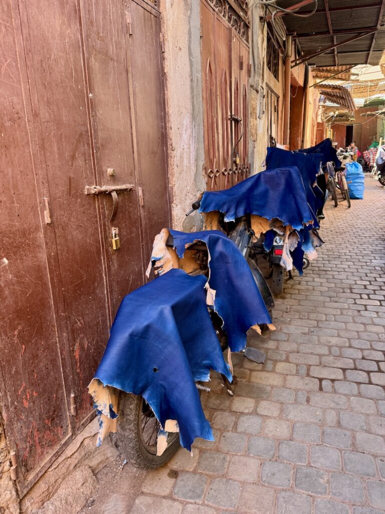 Souk, Marrakech, Medina, Yves Klein blue leather hides