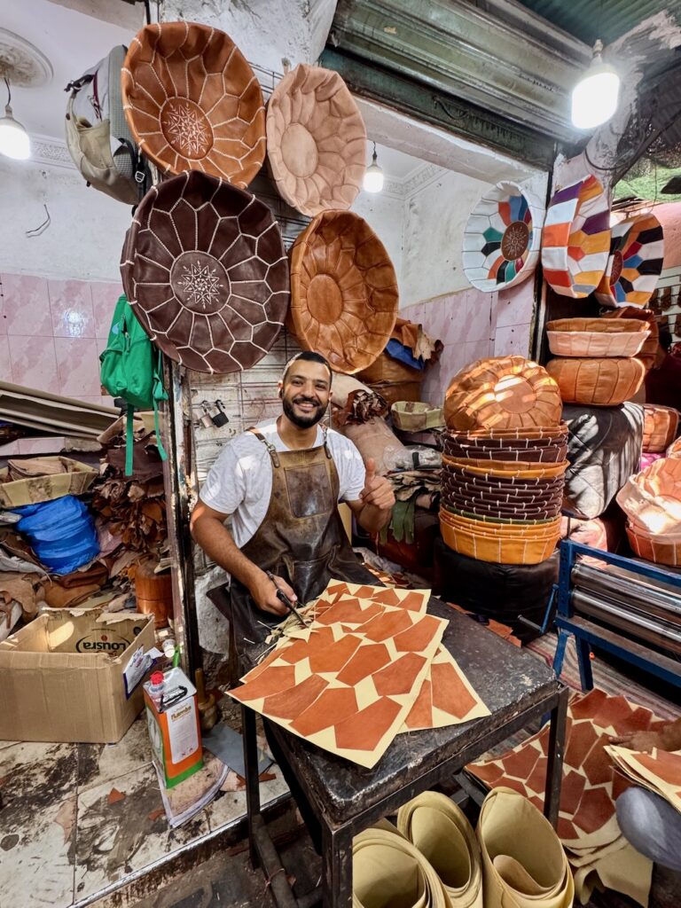 Souk, Marrakech, Medina, leather poufs, cutting sections for leather poufs