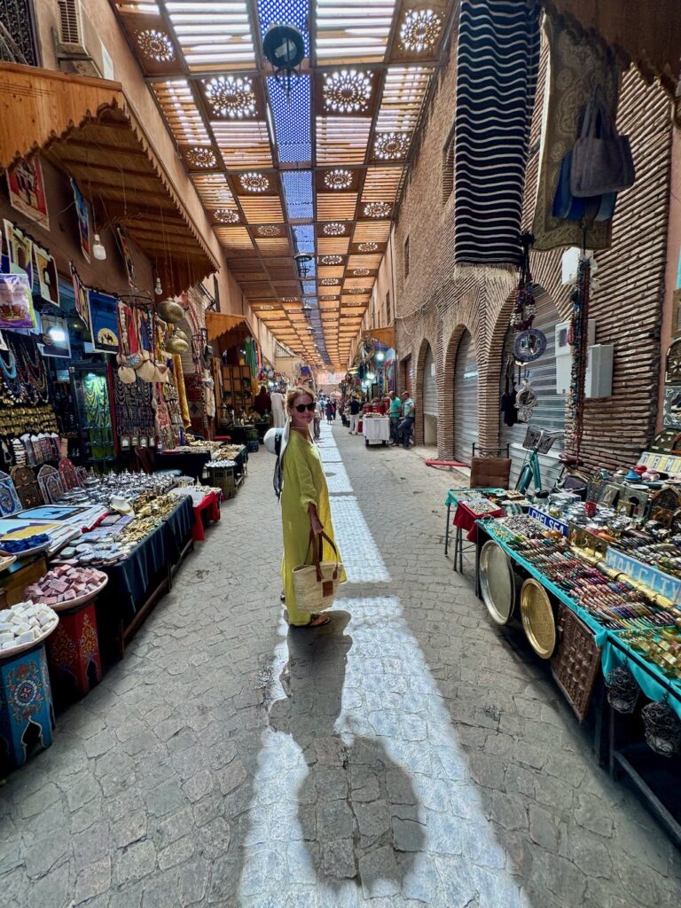 Souk, Marrakech, Medina, Emily Heston, linen dress, market stalls