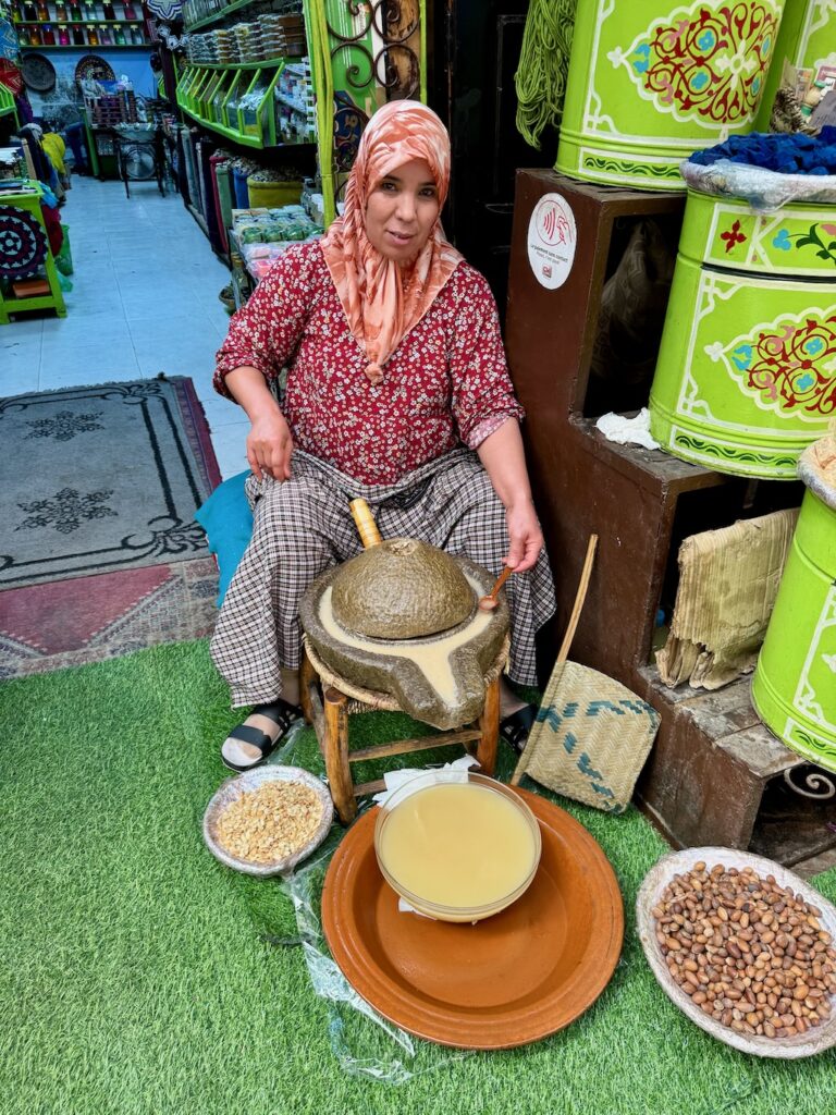 Souk, Marrakech, Medina, argan oil, woman making amlou, amlou