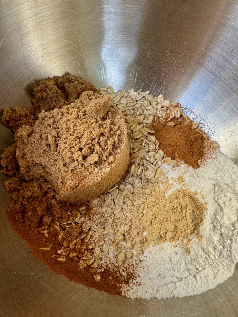 Rhubarb crisp topping, brown sugar, oats, ginger, cinnamon, flour