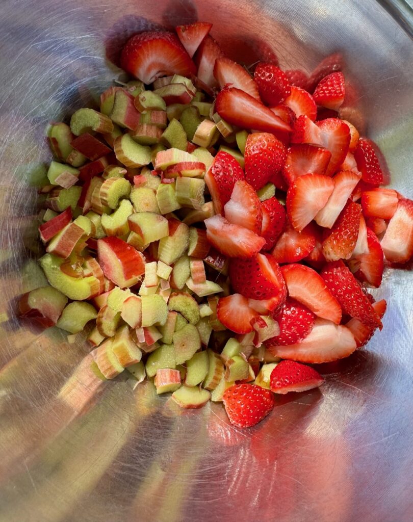 chopped rhubarb and strawberries in a bowl