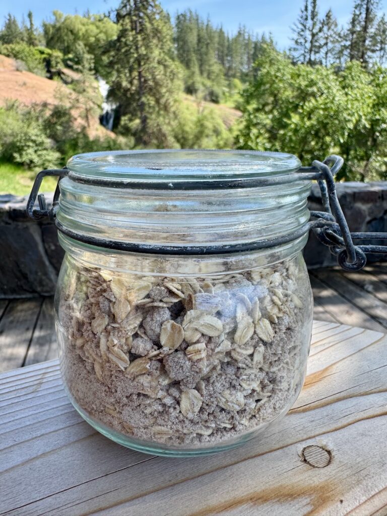 Rhubarb crisp topping in a jar