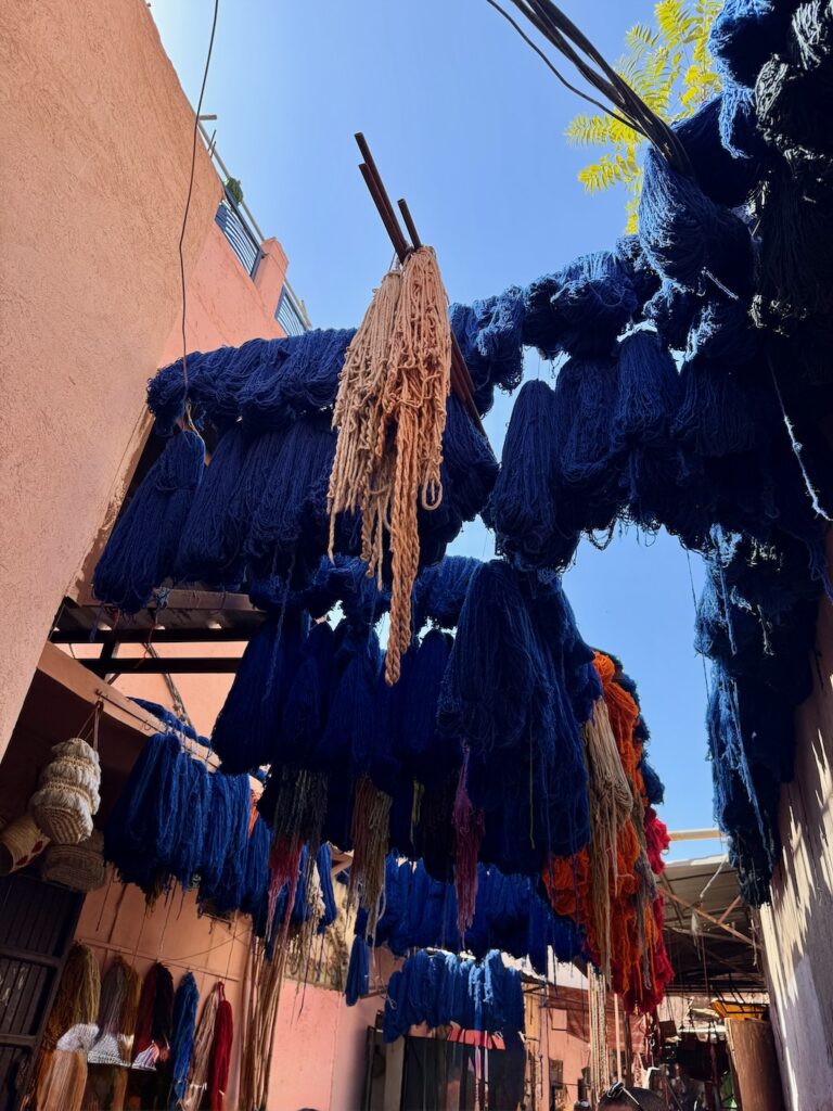 Souk, Marrakech, Medina, Yves Klein blue skeins of yarn