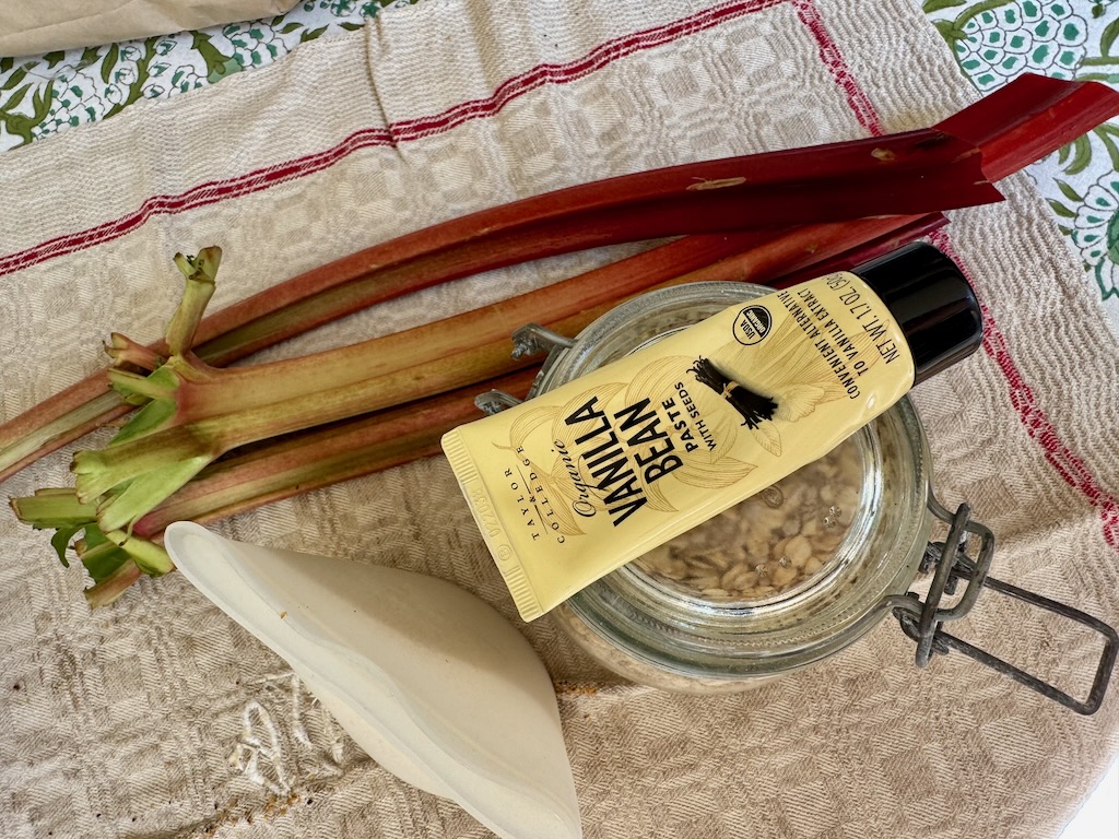rhubarb stalks, rhubarb crisp ingredients ready to go, vanilla bean paste