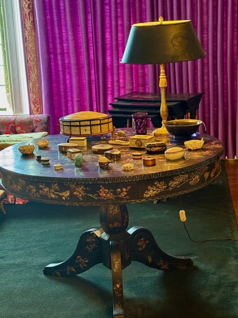 Rough point, Newport, RI, Doris Duke's bedroom, purple curtains, Limoges boxes