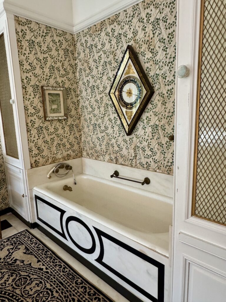 Rough Point House, Doris Duke, Doris Duke bedroom, trellis and vine wallpaper, Newport Restoration Foundation, Newport, RI, antique barometer