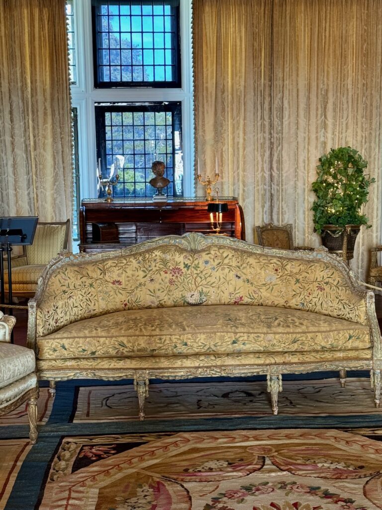 Rough Point, Newport, RI, embroidered yellow silk upholstered sofa, The Yellow Room, Rough Point