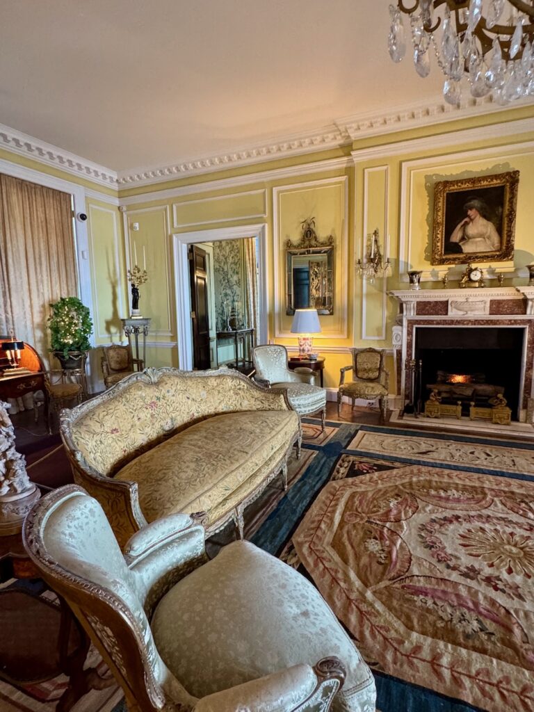 Rough Point, Newport, RI, embroidered yellow silk upholstered sofa, The Yellow Room, Rough Point, Falconet furniture