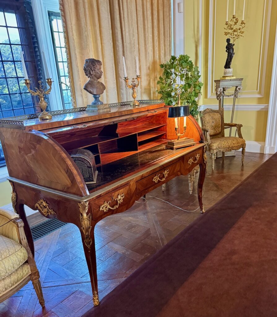 Rough Point, Newport, RI, French cylindar desk, French parquet floors, The Yellow Room, Rough Point